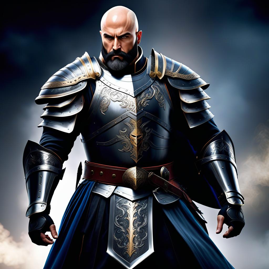  fighting game style A bald, bearded warrior in knight's armor, without a helmet. . dynamic, vibrant, action packed, detailed character design, reminiscent of fighting video games hyperrealistic, full body, detailed clothing, highly detailed, cinematic lighting, stunningly beautiful, intricate, sharp focus, f/1. 8, 85mm, (centered image composition), (professionally color graded), ((bright soft diffused light)), volumetric fog, trending on instagram, trending on tumblr, HDR 4K, 8K