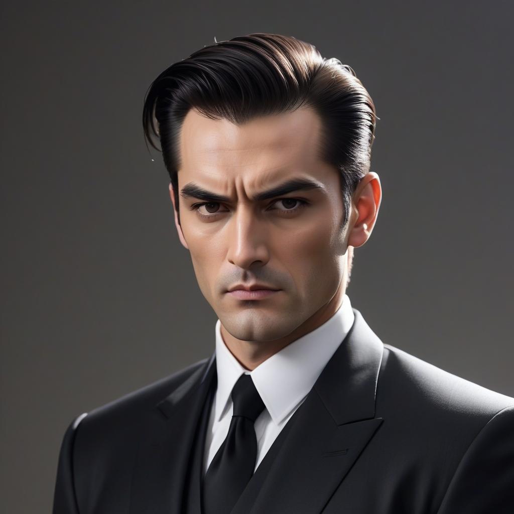  A Grumpy Man: a rectangular face. Round almond shaped, black eyes. Almost erect straight nose. Slightly plump straight lips, neat eyebrows. Short hair style a ponytail, color of tar: Upon him put on a black suit. And he adjusts a black tie, staring sternly. In the background to the left of him stands a , who goes from him, and looks back over her shoulder: Color of hair black, long below the shoulders. Plump lips. Straight and neat nose. neat eyebrows. hyperrealistic, full body, detailed clothing, highly detailed, cinematic lighting, stunningly beautiful, intricate, sharp focus, f/1. 8, 85mm, (centered image composition), (professionally color graded), ((bright soft diffused light)), volumetric fog, trending on instagram, trending on tumblr, HDR 4K, 8K