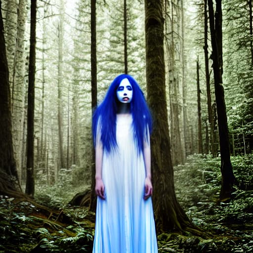  Long blue haired girl in white dress in forest with black crows