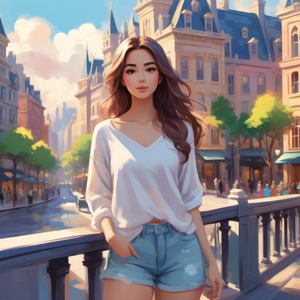  concept art young woman in the city, in light clothes
 acrylic painting, 
in-the-nu-style, artistic illustration Disney style, . digital artwork, illustrative, painterly, matte painting, highly detailed