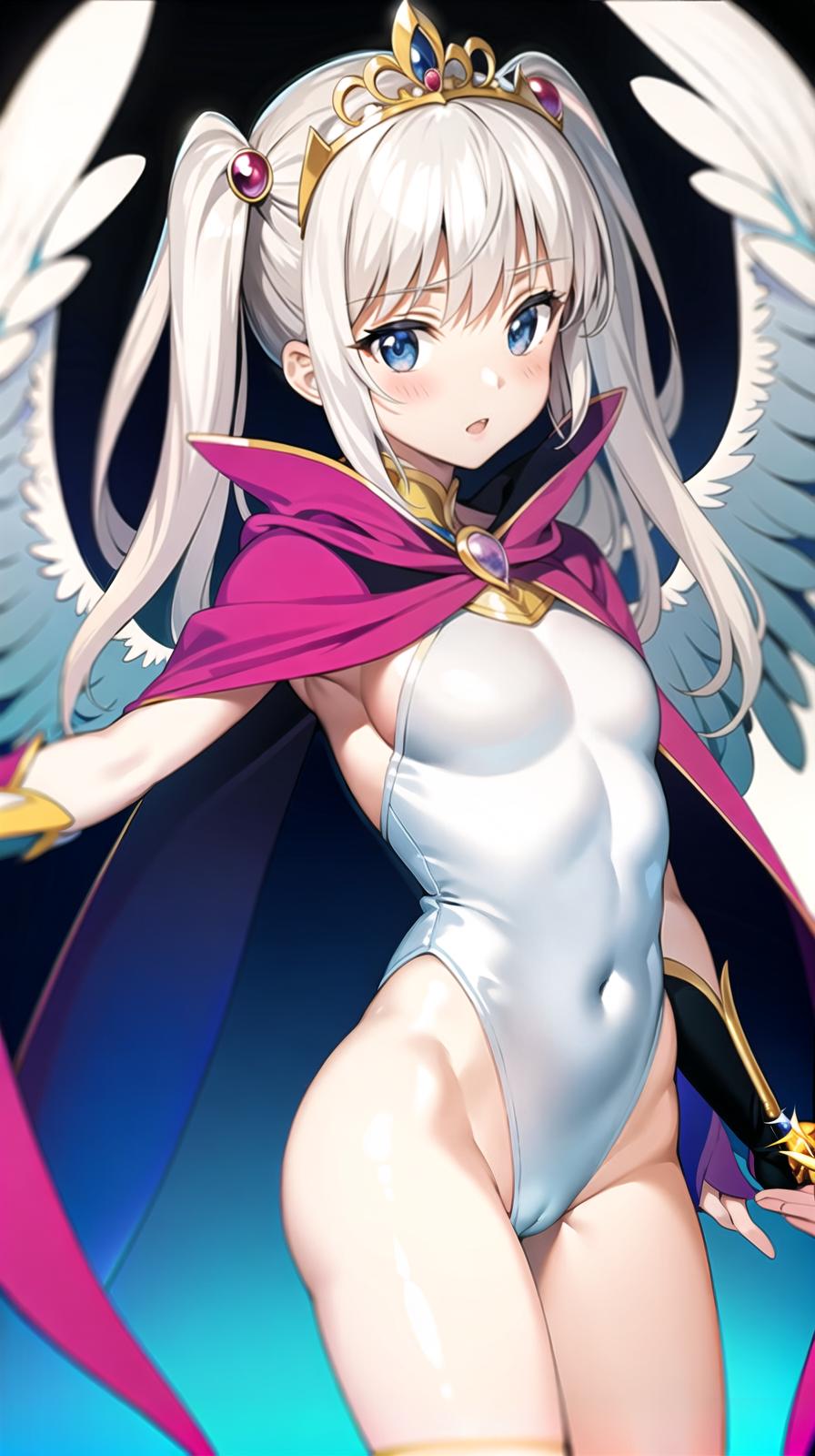  master piece , best quality,Leotard, cape, tiara, two side up hair, magic wand, angel wings, transformation, magical girl.