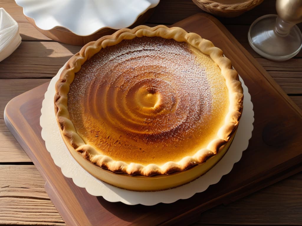  A photorealistic image of a freshly baked melktert, a South African milk tart, displayed on a rustic wooden table. The tart has a golden brown crust with delicate flaky layers, dusted with a sprinkle of cinnamon on top. The creamy custard filling is smooth and velvety, with a hint of nutmeg and vanilla beans speckled throughout. Wisps of steam rise from the surface, indicating its warmth, while the soft natural light filtering through a nearby window highlights the dessert's inviting texture and warm hues. The scene exudes a cozy and homely atmosphere, invoking a sense of comfort and nostalgia. hyperrealistic, full body, detailed clothing, highly detailed, cinematic lighting, stunningly beautiful, intricate, sharp focus, f/1. 8, 85mm, (centered image composition), (professionally color graded), ((bright soft diffused light)), volumetric fog, trending on instagram, trending on tumblr, HDR 4K, 8K