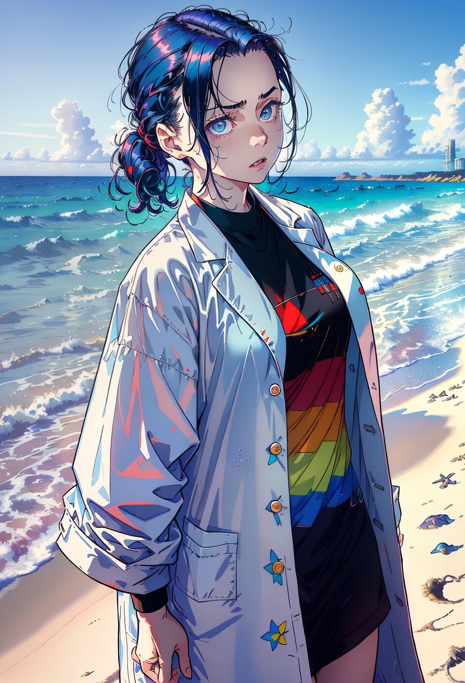  ((trending, highres, masterpiece, cinematic shot)), 1girl, young, female lab coat, beach scene, very short straight dark blue hair, hair slicked back, large rainbow-colored eyes, calm personality, sleepy expression, very pale skin, orderly, energetic