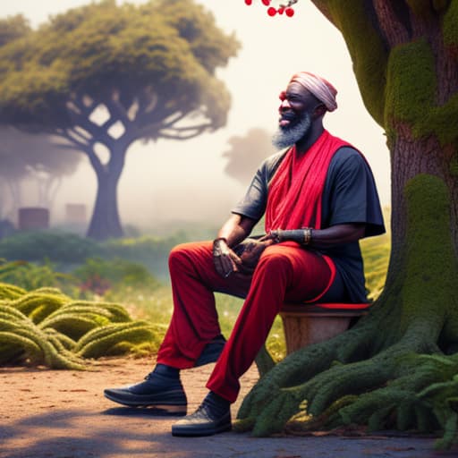  old African men with gray hair and beards wearing tattered t shirts and red pants are sitting outside the house next to a fruit tree hyperrealistic, full body, detailed clothing, highly detailed, cinematic lighting, stunningly beautiful, intricate, sharp focus, f/1. 8, 85mm, (centered image composition), (professionally color graded), ((bright soft diffused light)), volumetric fog, trending on instagram, trending on tumblr, HDR 4K, 8K