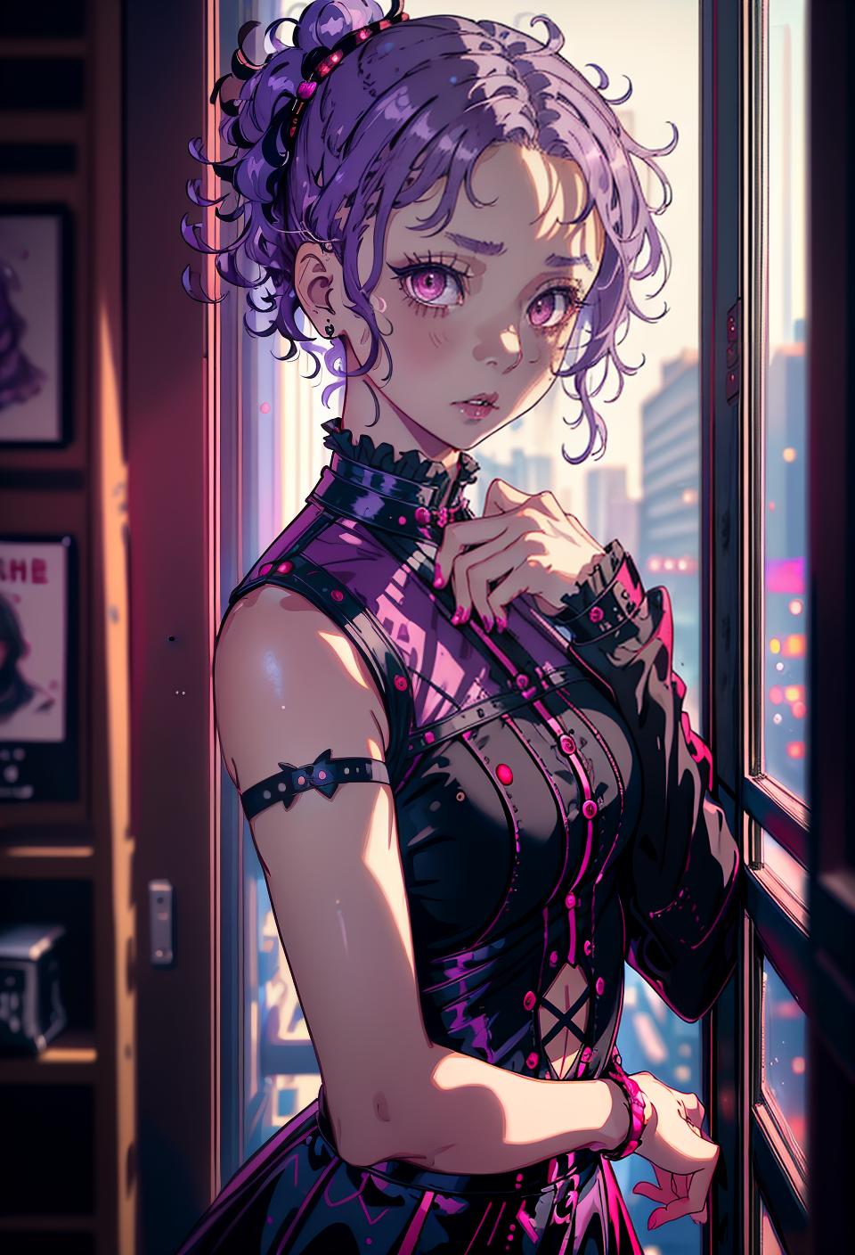  ((trending, highres, masterpiece, cinematic shot)), 1girl, young, female goth clothing, very short curly light purple hair, side ponytail, narrow brown eyes, sweet personality, scared expression, red skin, lively, toned
