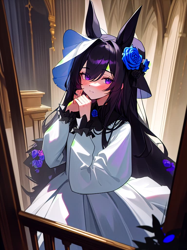  (masterpiece:1.2),(best quality:1.2),1 girl,black long hair,(hair over left eye:1.2),purple eyes,(black wedding dress:1.2),red sleeves,blue roses bouquet,horse ears,small black hat with a blue rose,in,in chapel,rice shower,cowboy shot,pov,looking at viewer, masterpiece, best quality,8k,ultra detailed,high resolution,an extremely delicate and beautiful,hyper detail