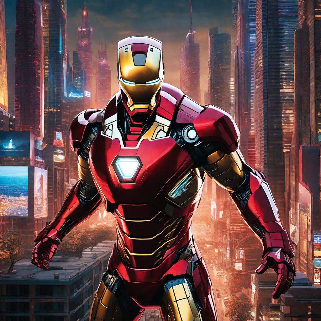  masterpiece, best quality, Best quality, masterpiece, 8k resolution, realistic, highly detailed, close up of Iron Man. In a cyberpunk-style night scene of the city, he stands on a street lined with tall buildings. The city's night lights are bright, The surrounding buildings and streets are filled with cyberpunk elements such as neon lights, high-tech devices, and futuristic architectural designs.