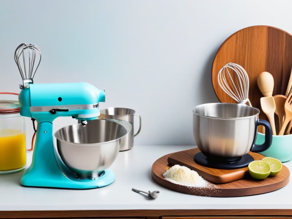  A highresolution, ultradetailed image of a sleek, minimalist kitchen countertop adorned with a curated collection of vintageinspired baking utensils from the 80s and 90s. The utensils include a pastel blue stand mixer, a set of retro floral measuring cups, a mint green whisk, a wooden rolling pin, and a stack of colorful mixing bowls. The image captures the essence of nostalgia and baking passion, with soft natural lighting highlighting each utensil's unique design and texture. hyperrealistic, full body, detailed clothing, highly detailed, cinematic lighting, stunningly beautiful, intricate, sharp focus, f/1. 8, 85mm, (centered image composition), (professionally color graded), ((bright soft diffused light)), volumetric fog, trending on instagram, trending on tumblr, HDR 4K, 8K