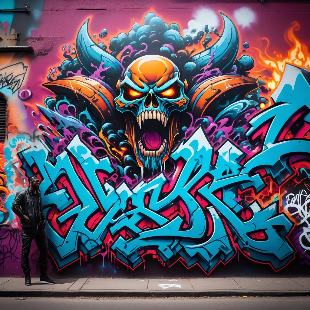  graffiti style wall with graffiti, image of apocalypse. . street art, vibrant, urban, detailed, tag, mural hyperrealistic, full body, detailed clothing, highly detailed, cinematic lighting, stunningly beautiful, intricate, sharp focus, f/1. 8, 85mm, (centered image composition), (professionally color graded), ((bright soft diffused light)), volumetric fog, trending on instagram, trending on tumblr, HDR 4K, 8K