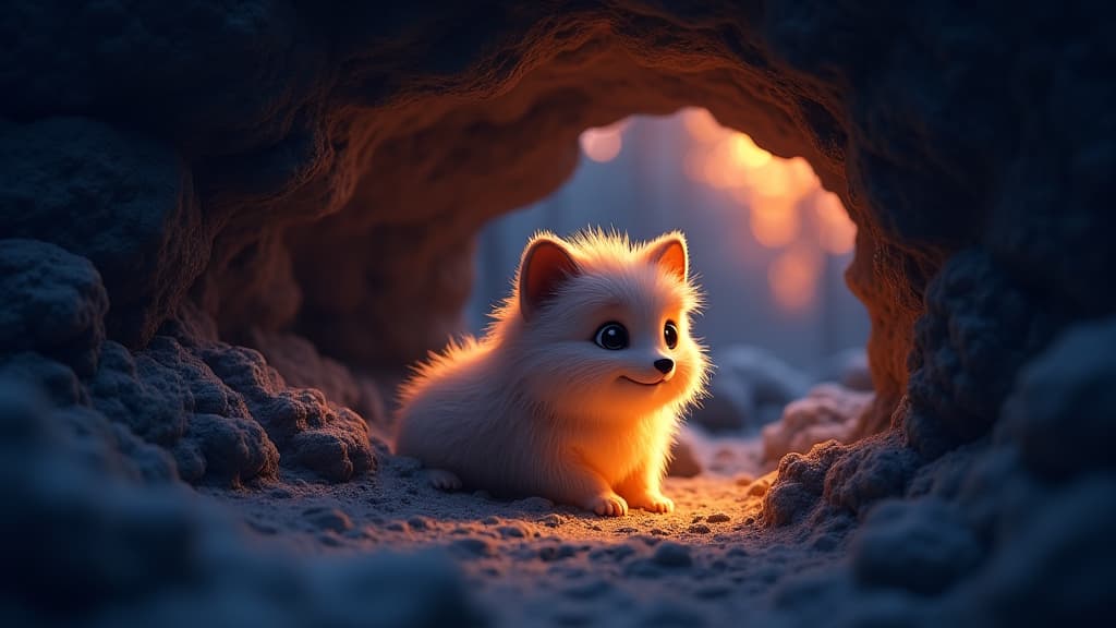  good quality, high quality, a whimsical cave explore reveals a glowing furry creature at twilight