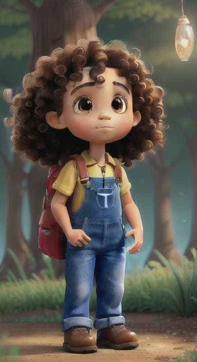  {The tree shining brightly and releasing a gentle, magical light., Riley, a curious with big brown eyes and curly hair, wearing overalls and carrying a small backpack. Their friend, Skye, a bluebird with shiny feathers.