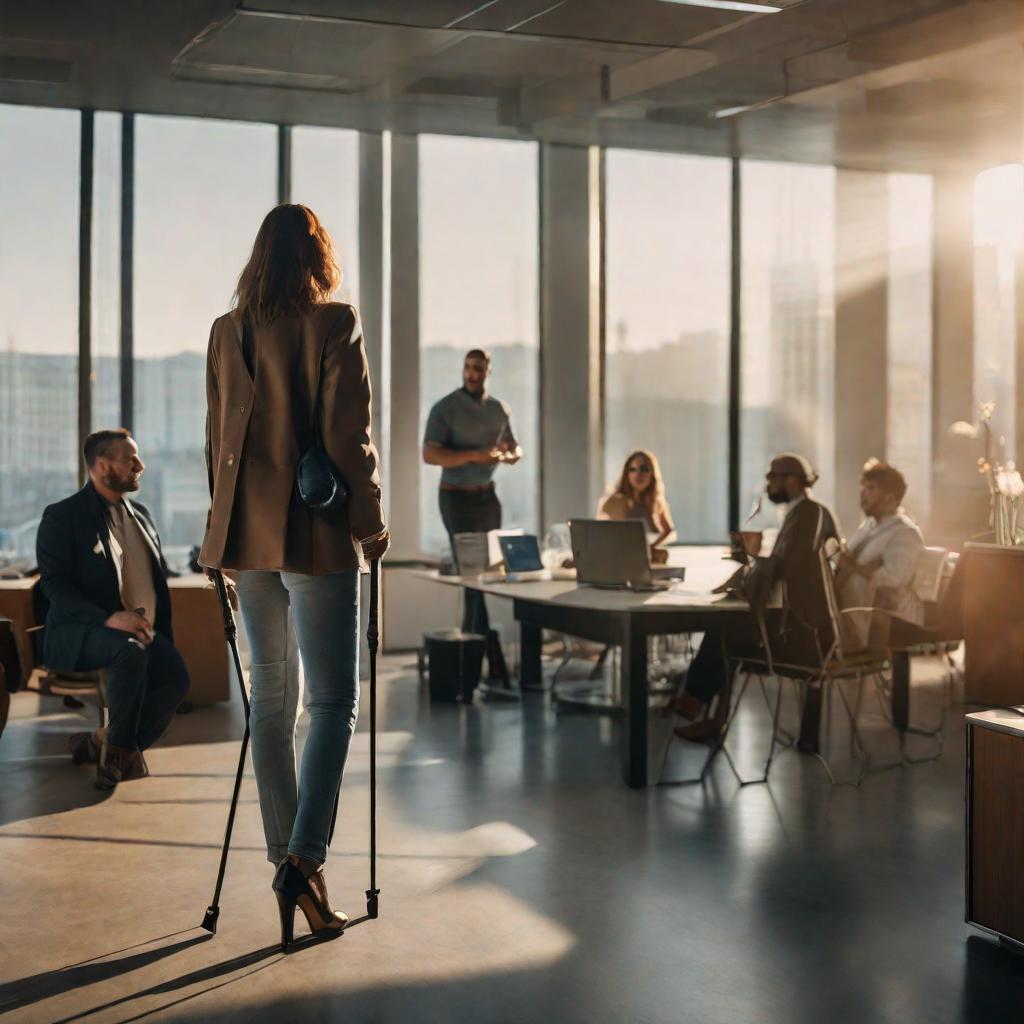  A photo of the back of a female person on crutches, talking to other people in an office hyperrealistic, full body, detailed clothing, highly detailed, cinematic lighting, stunningly beautiful, intricate, sharp focus, f/1. 8, 85mm, (centered image composition), (professionally color graded), ((bright soft diffused light)), volumetric fog, trending on instagram, trending on tumblr, HDR 4K, 8K