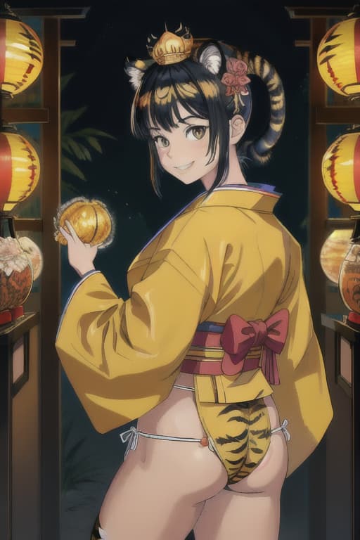 1.5, (Masterpiece, Best Quality), Absurd Detailed, Raw Realistic, (Super Fine Shiny Face), 8k, ((Tiger-Stripes Pattern Kimono, Short Hem, Tiger Ears, Tiger Ears, TIGER EARS ER GIRL, CAT HANDS, Tiger Tail), Raw Photo Realistic shiny hair, grin, & throughs, ((Fundoshi)), Look Back, Cat's Paw, Dynamic Pose, Shrine, Twilight Lighting, ((put on the head)) )