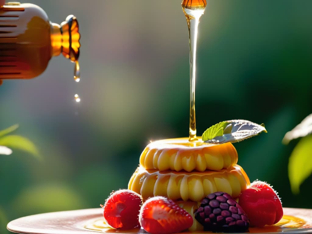  A closeup, ultradetailed image of a honey dipper gently drizzling golden honey over a stack of fresh, ripe berries, with each tiny droplet sparkling in the sunlight. The honey glistens against the vibrant colors of the fruit, showcasing the natural sweetness and beauty of using honey as a sweetener in desserts. hyperrealistic, full body, detailed clothing, highly detailed, cinematic lighting, stunningly beautiful, intricate, sharp focus, f/1. 8, 85mm, (centered image composition), (professionally color graded), ((bright soft diffused light)), volumetric fog, trending on instagram, trending on tumblr, HDR 4K, 8K