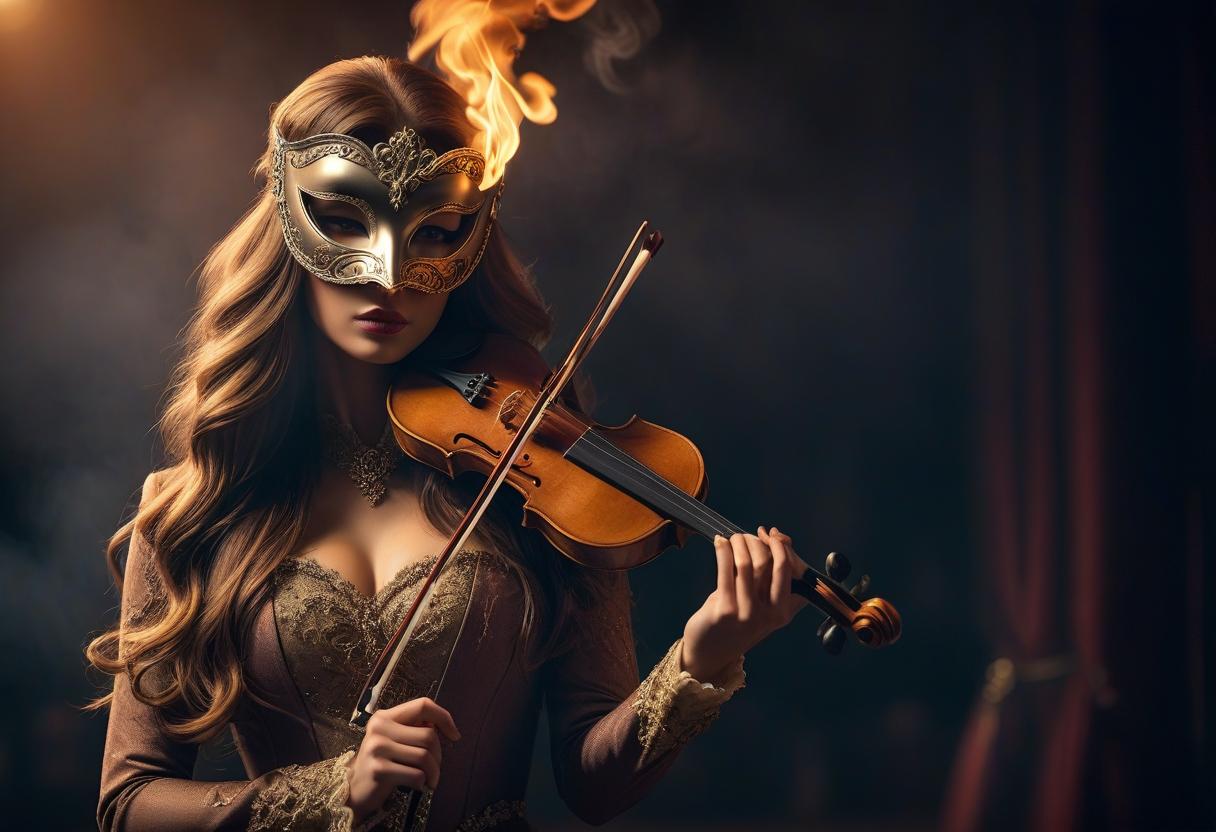  From a distance. A long haired girl stands on a theatre stage with a masquerade mask on. In her hands, a violin. The violin is on fire. Smoke comes out of it. hyperrealistic, full body, detailed clothing, highly detailed, cinematic lighting, stunningly beautiful, intricate, sharp focus, f/1. 8, 85mm, (centered image composition), (professionally color graded), ((bright soft diffused light)), volumetric fog, trending on instagram, trending on tumblr, HDR 4K, 8K