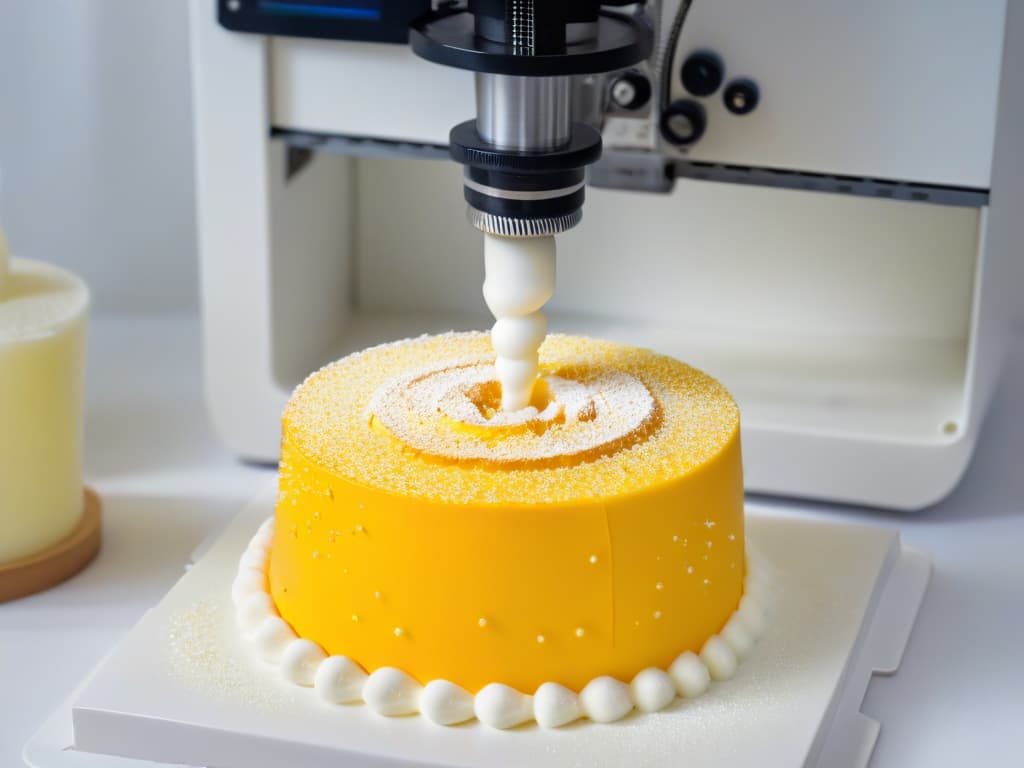  An ultradetailed, 8k resolution image of a sleek, modern 3D printer meticulously crafting intricate and colorful sugar decorations for cakes and pastries. The machine is surrounded by a clean, white backdrop, emphasizing its precision and innovative technology. The vibrant hues of the sugar contrast beautifully with the minimalist aesthetic, showcasing the seamless fusion of advanced printing techniques with the artistry of creative pastry making. hyperrealistic, full body, detailed clothing, highly detailed, cinematic lighting, stunningly beautiful, intricate, sharp focus, f/1. 8, 85mm, (centered image composition), (professionally color graded), ((bright soft diffused light)), volumetric fog, trending on instagram, trending on tumblr, HDR 4K, 8K