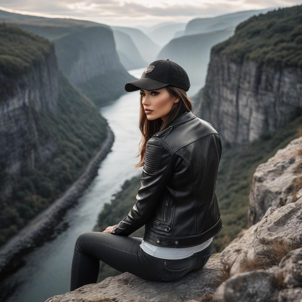  A girl in a baseball cap and leather jacket. At the edge of a cliff. Mountains and river below. Long shot. Full size or waist height. Black and white image. F stop 4.0 focus distance 35mm. hyperrealistic, full body, detailed clothing, highly detailed, cinematic lighting, stunningly beautiful, intricate, sharp focus, f/1. 8, 85mm, (centered image composition), (professionally color graded), ((bright soft diffused light)), volumetric fog, trending on instagram, trending on tumblr, HDR 4K, 8K