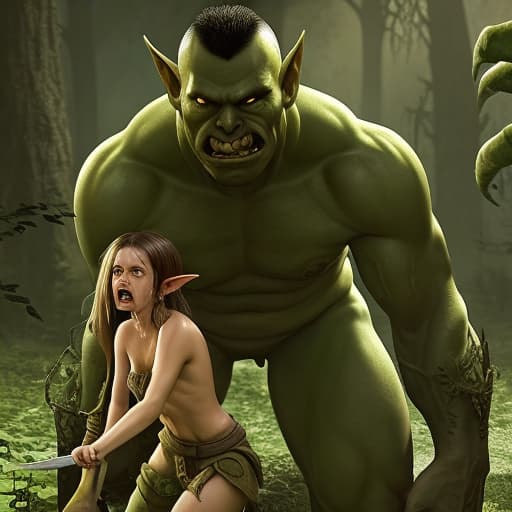  Photo-realistic a young elven girl shoves a sword into the torso ofa scary evil orc thats attacking her crying scared little human friend as he hides, she uses her powers to make plants to grow through the orcs body, the plants tear his body into pieces killing the orc saving the boy crying