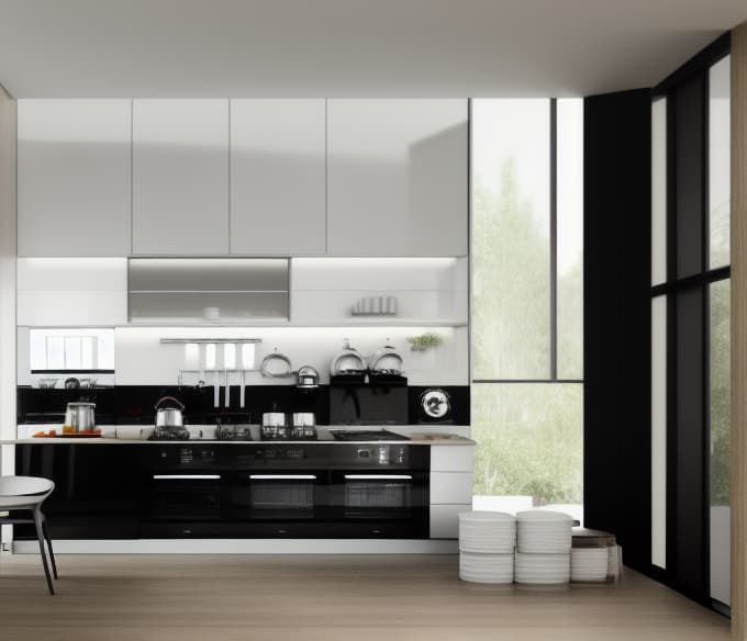  Modern kitchen, dining table, simple, realistic, table in front of the counter, cooking stove 