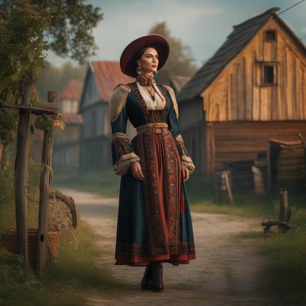  Russian village 19th century hyperrealistic, full body, detailed clothing, highly detailed, cinematic lighting, stunningly beautiful, intricate, sharp focus, f/1. 8, 85mm, (centered image composition), (professionally color graded), ((bright soft diffused light)), volumetric fog, trending on instagram, trending on tumblr, HDR 4K, 8K