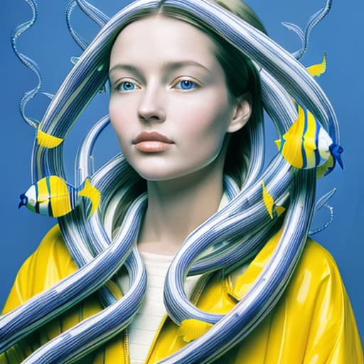  Painting of a women in a yellow raincoat surrounded by blue and white striped robotic fishes, stable diffusion, absolute reality v1.6, perfect symmetry, photo realistic raw, in the style of bruce weber and hr giger