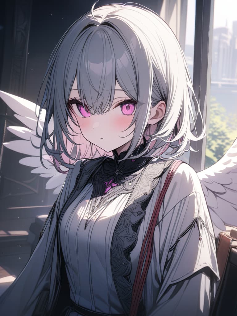  Gray hair, cute, angel, girl, subculture, pink eyes, masterpiece, best quality,8k,ultra detailed,high resolution,an extremely delicate and beautiful,hyper detail