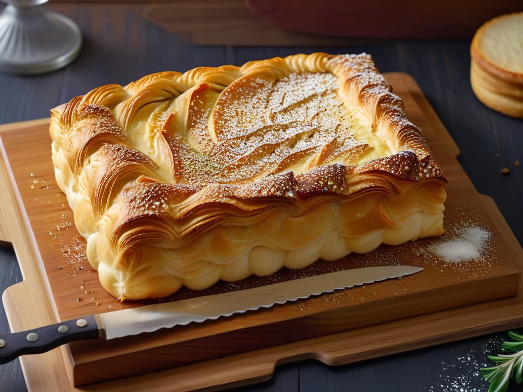  A closeup, ultrahigh resolution image of a freshly baked Mujabbana cheese pastry, showcasing the goldenbrown crust with intricate, delicate layers of phyllo dough, surrounded by a sprinkle of aromatic sesame seeds and a drizzle of honey. The cheese filling inside oozes slightly, revealing a tantalizing blend of melted cheeses and aromatic spices, all set on a rustic, textured wooden board with scattered rosemary sprigs and a vintage silver knife beside it. The play of light and shadows highlights the flaky texture and rich colors of the pastry, inviting the viewer to indulge in its savory sweetness. hyperrealistic, full body, detailed clothing, highly detailed, cinematic lighting, stunningly beautiful, intricate, sharp focus, f/1. 8, 85mm, (centered image composition), (professionally color graded), ((bright soft diffused light)), volumetric fog, trending on instagram, trending on tumblr, HDR 4K, 8K