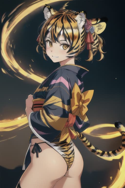  1.5, (Masterpiece, Best Quality), Absurd Detailed, Raw Realistic, (Super Fine Shiny Face), 8k, ((Tiger-Stripes Pattern Kimono, Short Hem, Tiger Ears, Tiger Ears, TIGER EARS ER GIRL, CAT HANDS, Tiger Tail), Raw Photo Realistic shiny hair, grin, & throughs, ((Fundoshi)), Look Back, Cat's Paw, Dynamic Pose, Shrine, Twilight Lighting, ((put on the head)) )