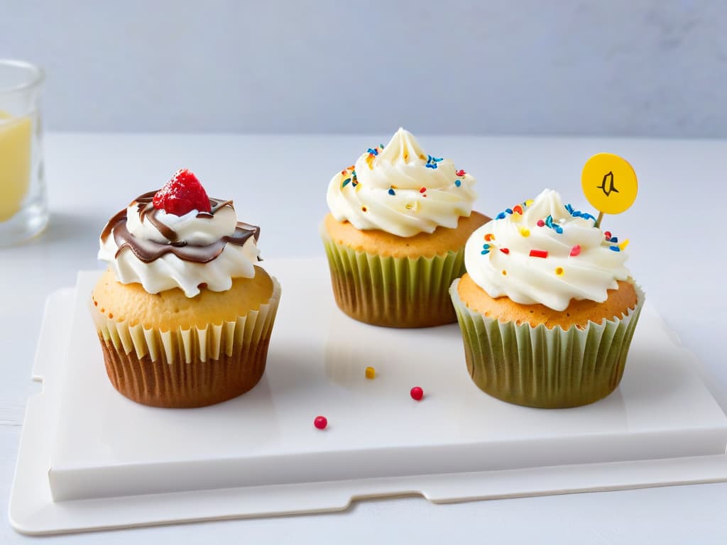  A minimalistic image of two identical cupcakes side by side, one topped with a dollop of whipped cream and sprinkles, representing the traditional version, while the other cupcake is adorned with a swirl of Greek yogurt and fresh berries, symbolizing the healthier alternative. The cupcakes are placed on a sleek, white marble countertop with soft natural lighting illuminating the scene, showcasing the contrast between the two options in a visually appealing and informative manner. hyperrealistic, full body, detailed clothing, highly detailed, cinematic lighting, stunningly beautiful, intricate, sharp focus, f/1. 8, 85mm, (centered image composition), (professionally color graded), ((bright soft diffused light)), volumetric fog, trending on instagram, trending on tumblr, HDR 4K, 8K