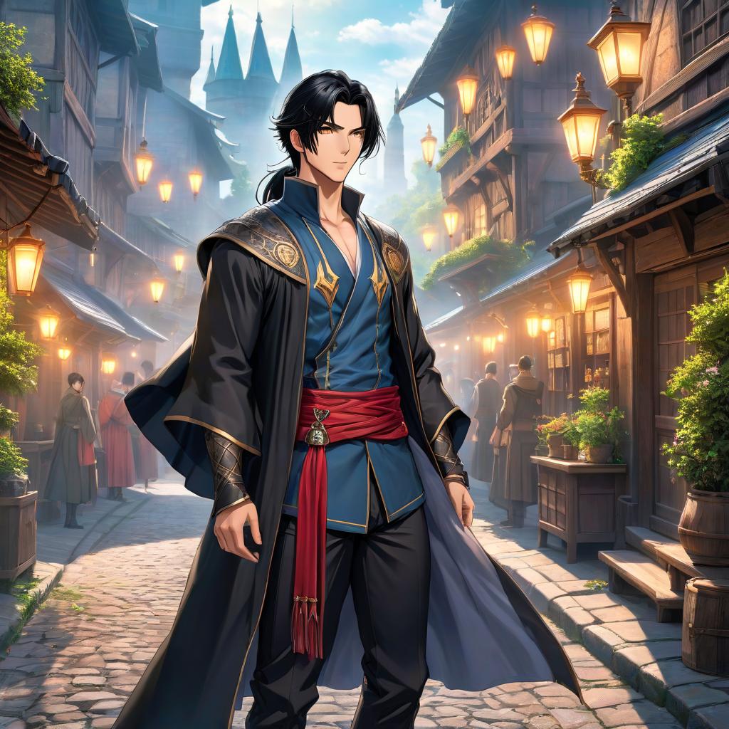  anime artwork handsome young guy wizard adventurer, black hair, long low ponytail, high resolution, good quality, крупным планом . anime style, key visual, vibrant, studio anime, highly detailed hyperrealistic, full body, detailed clothing, highly detailed, cinematic lighting, stunningly beautiful, intricate, sharp focus, f/1. 8, 85mm, (centered image composition), (professionally color graded), ((bright soft diffused light)), volumetric fog, trending on instagram, trending on tumblr, HDR 4K, 8K