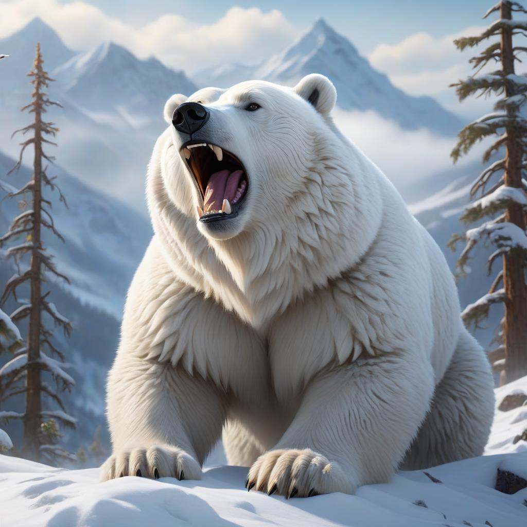  concept art Draw a beautiful, big, ferocious snow bear in the mountains. . digital artwork, illustrative, painterly, matte painting, highly detailed hyperrealistic, full body, detailed clothing, highly detailed, cinematic lighting, stunningly beautiful, intricate, sharp focus, f/1. 8, 85mm, (centered image composition), (professionally color graded), ((bright soft diffused light)), volumetric fog, trending on instagram, trending on tumblr, HDR 4K, 8K