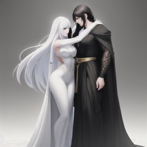  A , with black hair, wearing only top and bottom clothes, carrying a , and with her a man, with long white hair, white skin, bare , has white wings, and is taller than a man. hyperrealistic, full body, detailed clothing, highly detailed, cinematic lighting, stunningly beautiful, intricate, sharp focus, f/1. 8, 85mm, (centered image composition), (professionally color graded), ((bright soft diffused light)), volumetric fog, trending on instagram, trending on tumblr, HDR 4K, 8K