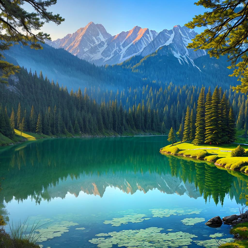  as a painting, Convey the serene majesty of towering mountains reflected in the crystal-clear waters of a tranquil alpine lake, using your unique artistic vision to evoke a sense of awe and tranquility.