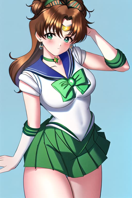  tight blue top. hair done up. mini skirt. long legs,(sailor jupiter:1.3), (masterpiece), (highest quality), (intricate), (high detail)