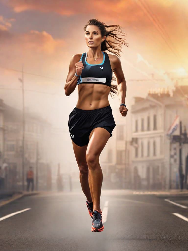  Beautiful Marathon runner girl hyperrealistic, full body, detailed clothing, highly detailed, cinematic lighting, stunningly beautiful, intricate, sharp focus, f/1. 8, 85mm, (centered image composition), (professionally color graded), ((bright soft diffused light)), volumetric fog, trending on instagram, trending on tumblr, HDR 4K, 8K