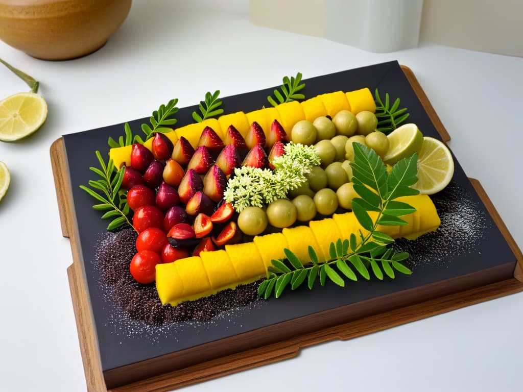  An ultradetailed 8k image of a beautifully arranged platter of Australian bush tucker ingredients used in desserts, showcasing vibrant native fruits like finger limes, quandong, and muntries alongside indigenous spices such as wattleseed and lemon myrtle. The minimalistic composition highlights the natural colors and textures of the ingredients, creating a visually striking and informative visual for the article on the versatility of bush tucker in Australian desserts. hyperrealistic, full body, detailed clothing, highly detailed, cinematic lighting, stunningly beautiful, intricate, sharp focus, f/1. 8, 85mm, (centered image composition), (professionally color graded), ((bright soft diffused light)), volumetric fog, trending on instagram, trending on tumblr, HDR 4K, 8K