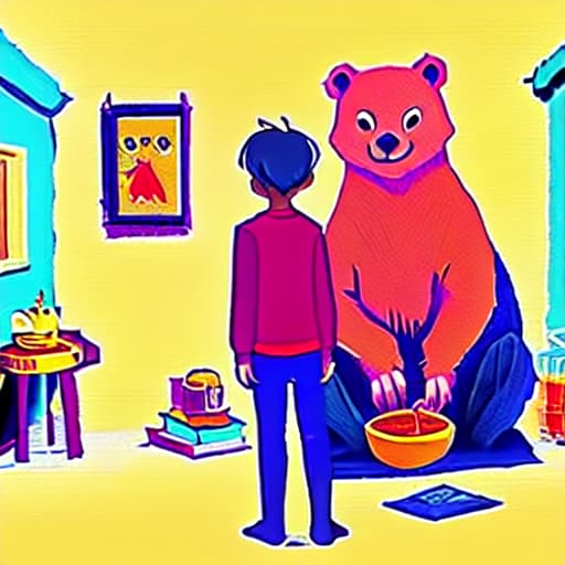  a boy with short hair and white shirt with blue jeans is standing, and a brown bear is sitting and eating honey, in the cabin