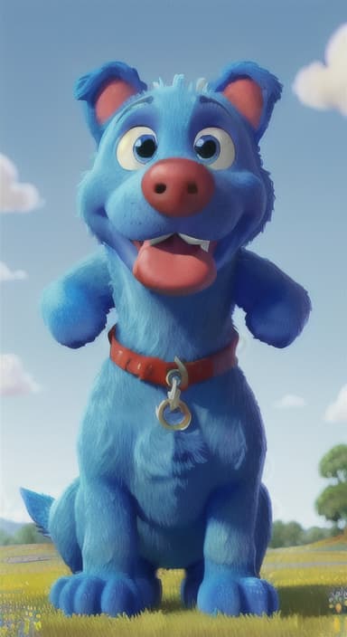  {A happy, big blue dog wagging its tail in a colorful meadow, The big blue dog is large with sky blue fur, big round eyes, a black nose, and floppy ears.