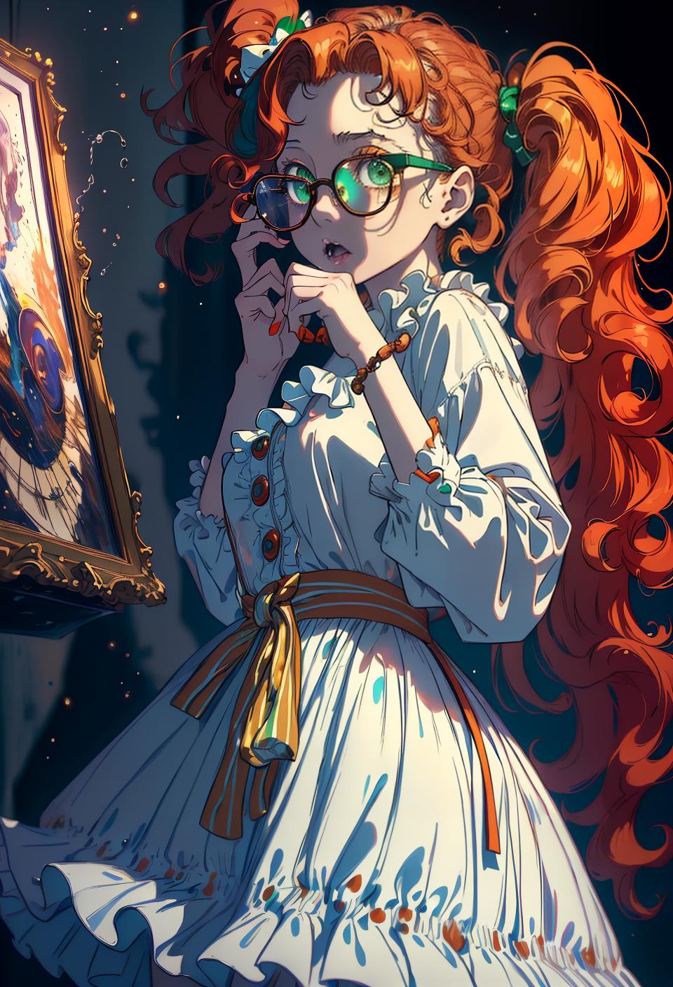  ((trending, highres, masterpiece, cinematic shot)), 1girl, young, female clown outfit, cosmic horror scene, medium-length wavy orange hair, side locks hairstyle, large green eyes, heroic personality, surprised expression, glasses, very pale skin, morbid, observant
