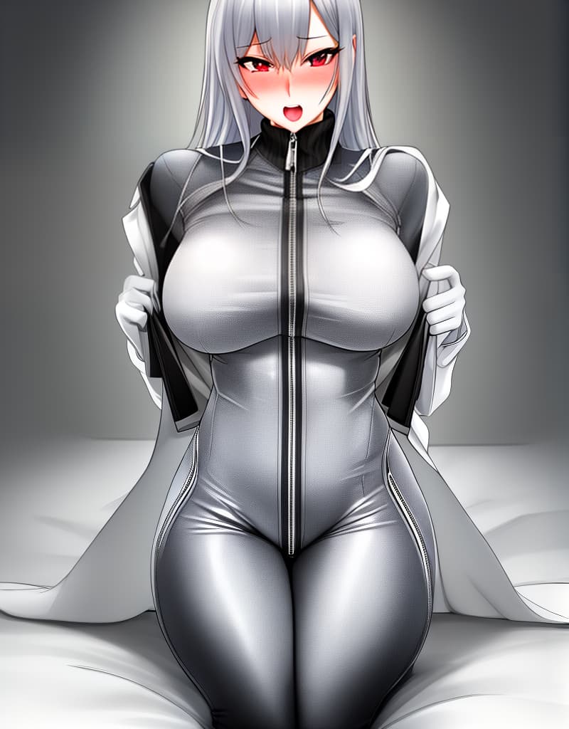  woman, unzipped aluminium suit,, unzipped spacesuit, blushing, cute, sitting on bed, forward, destroyed suit, chest, unzipped,, comfortable,, undressing, taking off clothes,, uncovered chest, chest, exhibitionist, no clothes, revealed, young woman, skin, loose suit, chest, realistic, bare, photo, real, completely, shameless, visible, surprised, mouth open,,, big, nudist,, no clothes, porno, exhibitionist hyperrealistic, full body, detailed clothing, highly detailed, cinematic lighting, stunningly beautiful, intricate, sharp focus, f/1. 8, 85mm, (centered image composition), (professionally color graded), ((bright soft diffused light)), volumetric fog, trending on instagram, trending on tumblr, HDR 4K, 8K