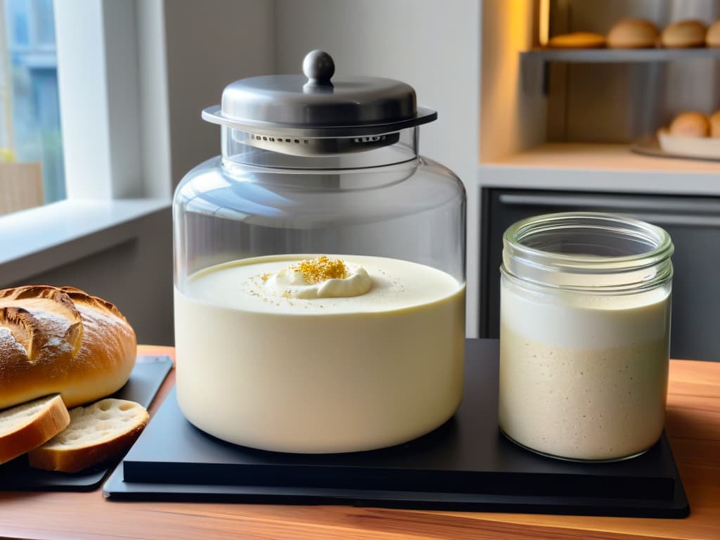  An ultradetailed 8k image of a sleek, modern home kitchen countertop with a topoftheline stainless steel homemade dough fermenter sitting prominently in the center. The fermenter is illuminated with soft, ambient lighting that highlights its polished surfaces and intricate control panel. Surrounding the fermenter are carefully arranged artisanal bread loaves, a bowl of flour, a small jar of sourdough starter, and a handwritten recipe card. The overall aesthetic is clean, minimalist, and aspirational, evoking a sense of precision and craftsmanship in homemade dough fermentation. hyperrealistic, full body, detailed clothing, highly detailed, cinematic lighting, stunningly beautiful, intricate, sharp focus, f/1. 8, 85mm, (centered image composition), (professionally color graded), ((bright soft diffused light)), volumetric fog, trending on instagram, trending on tumblr, HDR 4K, 8K