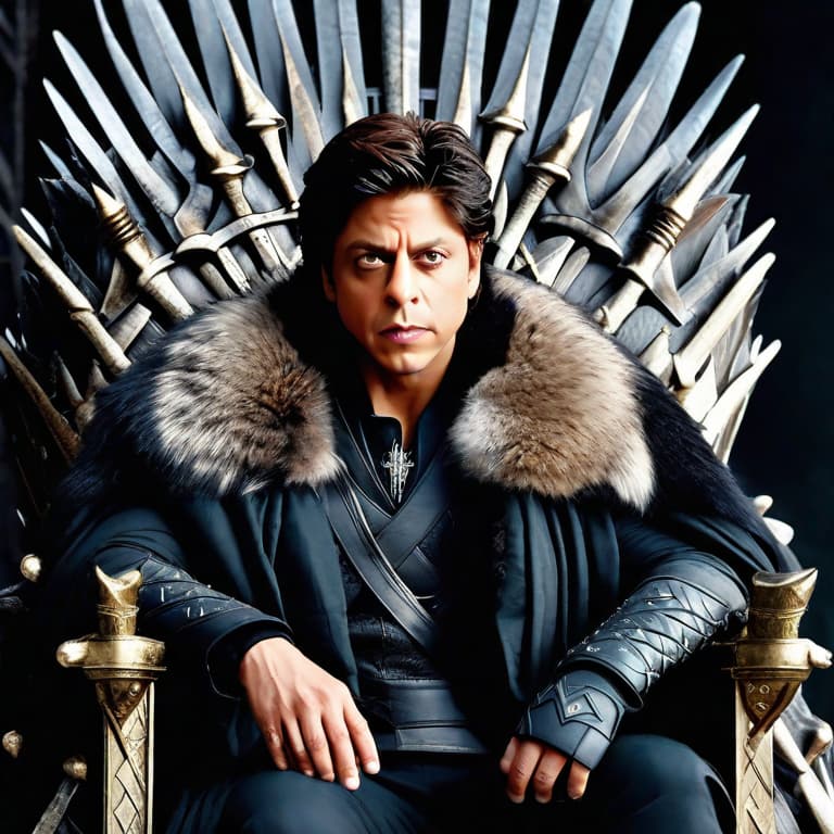  Medium: Digital art
Art Style: Hyper-realistic
Image Type: Illustration
Resolution and Focus: 4K resolution, highly detailed with sharp focus
Typography and Text: No text required
Elaborate Description: In this hyper-realistic digital illustration, Shah Rukh Khan embodies the character of Jon Snow from Game of Thrones, seated confidently upon the legendary Iron Throne. The Iron Throne, crafted from an ominous amalgamation of swords, exudes an aura of power and dominance beneath him. The viewer is captivated by the realistic portrayal of Shah Rukh Khan's chiseled facial features, his intensely focused expression mirroring Jon Snow's determination and resolve. The lighting is dramatic, casting deep shadows that further accentuate the cuts and