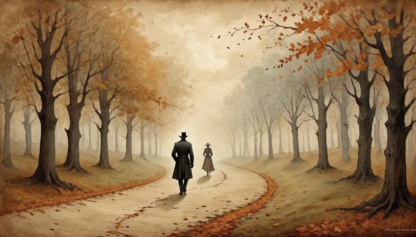  on parchment, surrealism+++, A fading silhouette walking away down a path lined with autumn leaves, departure, transition, letting go(mysterious, provocative, symbolic,muted color)+++