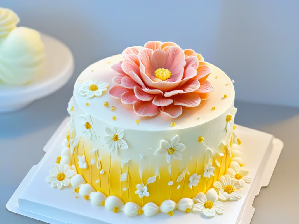  A closeup, ultradetailed image of a perfectly sculpted, intricate sugar flower resting delicately on a pristine white fondant cake. The flower's petals exhibit a mesmerizing array of shades, from soft pastel pinks to vibrant yellows, showcasing expert craftsmanship and attention to detail. Each tiny sugar crystal sparkles in the light, reflecting the dedication and skill required to create such a flawless piece of edible art. hyperrealistic, full body, detailed clothing, highly detailed, cinematic lighting, stunningly beautiful, intricate, sharp focus, f/1. 8, 85mm, (centered image composition), (professionally color graded), ((bright soft diffused light)), volumetric fog, trending on instagram, trending on tumblr, HDR 4K, 8K