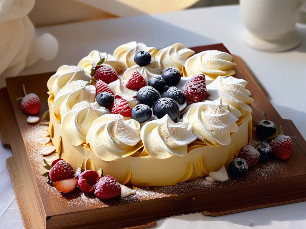  A closeup shot of a perfectly baked tray of light and crispy meringues, showcasing their goldenbrown edges and delicate, airy texture. The meringues are elegantly arranged on a rustic wooden serving board, garnished with a sprinkle of powdered sugar and fresh berries. The natural light streaming in from a nearby window casts a soft, warm glow, highlighting the intricate details of the meringues and creating a visually stunning and appetizing image. hyperrealistic, full body, detailed clothing, highly detailed, cinematic lighting, stunningly beautiful, intricate, sharp focus, f/1. 8, 85mm, (centered image composition), (professionally color graded), ((bright soft diffused light)), volumetric fog, trending on instagram, trending on tumblr, HDR 4K, 8K