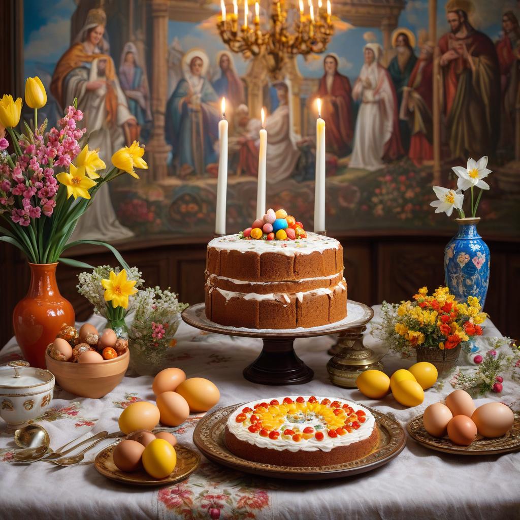  postcard in the style of the 50s, Russian Easter table, in a church, on an embroidered towel there is a tall brown beautiful Easter cake, white icing and candied fruits on top, multi colored eggs around the Easter cake, candles and vases with daffodils on the table hyperrealistic, full body, detailed clothing, highly detailed, cinematic lighting, stunningly beautiful, intricate, sharp focus, f/1. 8, 85mm, (centered image composition), (professionally color graded), ((bright soft diffused light)), volumetric fog, trending on instagram, trending on tumblr, HDR 4K, 8K