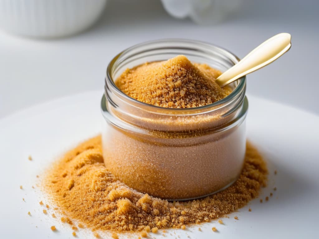  A closeup, ultradetailed image of goldenbrown panela sugar crystals cascading down a sleek, modern glass jar against a pure white background, capturing the intricate textures and natural shine of the unrefined sweetener. hyperrealistic, full body, detailed clothing, highly detailed, cinematic lighting, stunningly beautiful, intricate, sharp focus, f/1. 8, 85mm, (centered image composition), (professionally color graded), ((bright soft diffused light)), volumetric fog, trending on instagram, trending on tumblr, HDR 4K, 8K