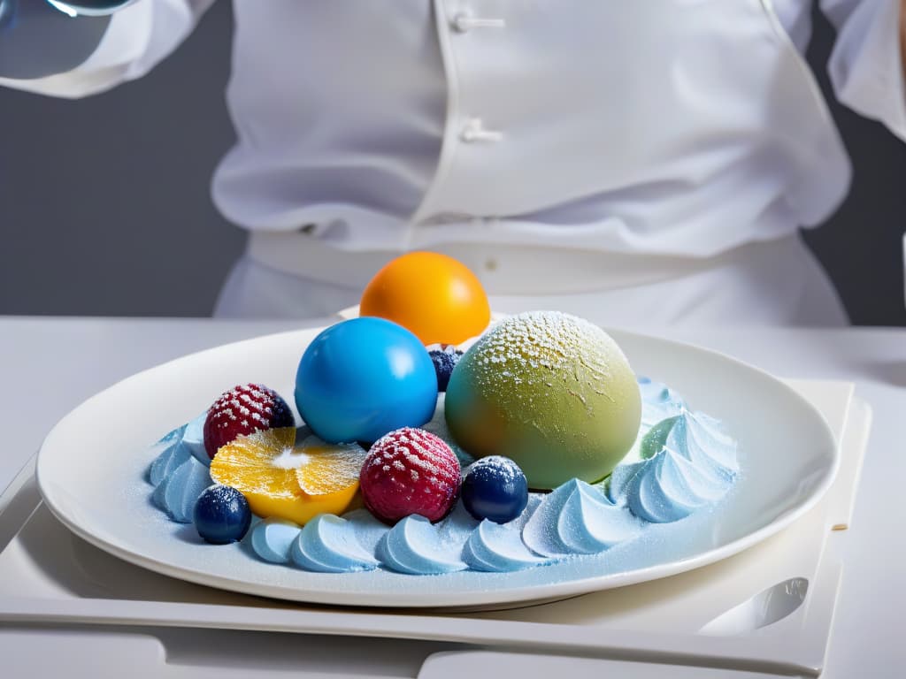  A photorealistic image of a molecular gastronomy dessert presentation featuring intricate, colorful spheres of different sizes delicately arranged on a sleek, modern plate. The spheres vary in flavor, showcasing a range of vibrant colors and textures, with a backdrop of a sophisticated kitchen setting, complete with stainless steel appliances and utensils. The lighting is soft yet highlights the glossy sheen of the dessert components, emphasizing the fusion of science and artistry in molecular pastry creation. hyperrealistic, full body, detailed clothing, highly detailed, cinematic lighting, stunningly beautiful, intricate, sharp focus, f/1. 8, 85mm, (centered image composition), (professionally color graded), ((bright soft diffused light)), volumetric fog, trending on instagram, trending on tumblr, HDR 4K, 8K