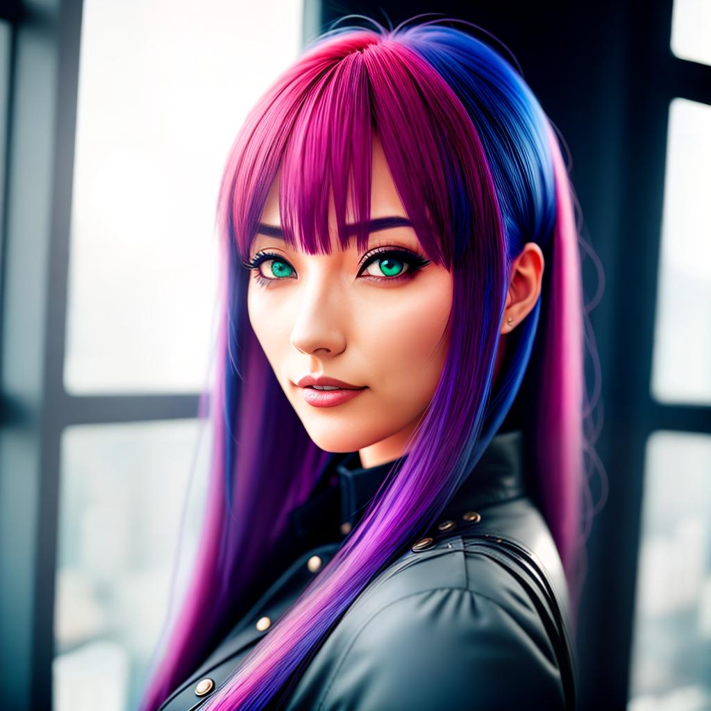  anime girl with multicolored hair and gray clothes looks thoughtfully at the light from the window, RTX, full hd, detailed hyperrealistic, full body, detailed clothing, highly detailed, cinematic lighting, stunningly beautiful, intricate, sharp focus, f/1. 8, 85mm, (centered image composition), (professionally color graded), ((bright soft diffused light)), volumetric fog, trending on instagram, trending on tumblr, HDR 4K, 8K