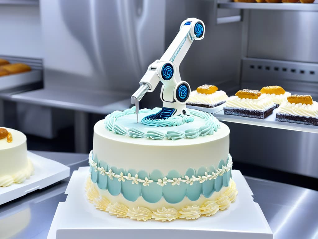  A photorealistic image showcasing a stateoftheart robotic arm delicately icing an intricate cake with precision and artistry in a modern bakery setting. The robotic arm, equipped with advanced technology, is elegantly piping intricate designs onto the cake, surrounded by a sleek and futuristic bakery environment. The image captures the seamless integration of robotics in the art of pastry making, highlighting the efficiency and creativity that automation can bring to a bakery business. hyperrealistic, full body, detailed clothing, highly detailed, cinematic lighting, stunningly beautiful, intricate, sharp focus, f/1. 8, 85mm, (centered image composition), (professionally color graded), ((bright soft diffused light)), volumetric fog, trending on instagram, trending on tumblr, HDR 4K, 8K